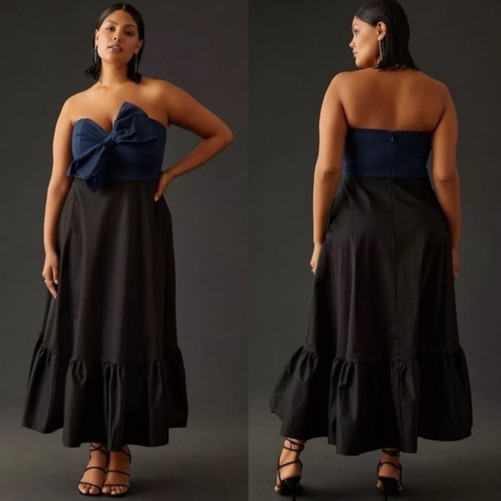 Hutch Bow Front Strapless Maxi Dress Women 20W Navy Black Colorblock Ruffle Hem - Picture 1 of 12